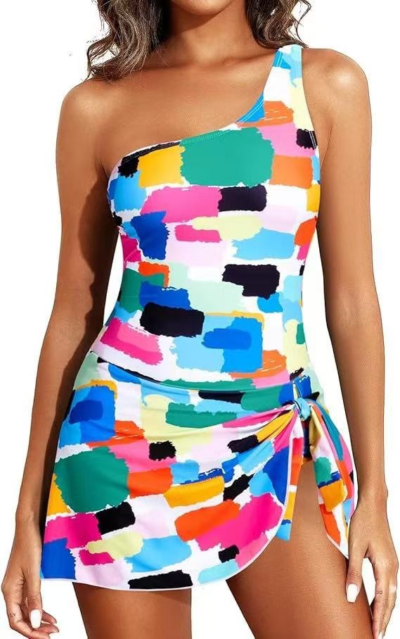 One Shoulder Print Swimsuit — Colour Block — colour variant