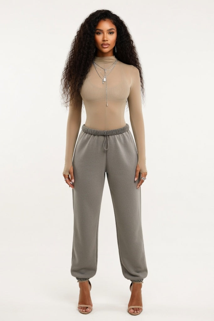 Sheer Mesh Half Turtleneck Top — Apricot