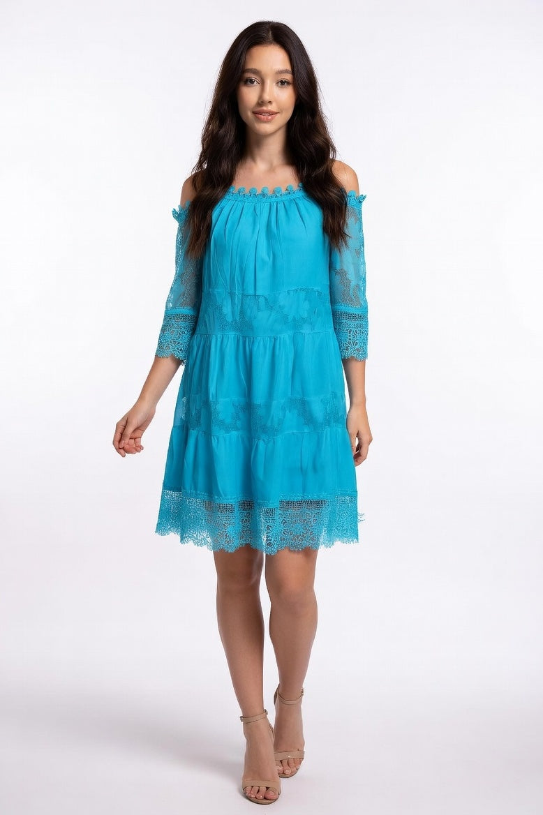 Lace Off-Shoulder Dress — Peacock Blue