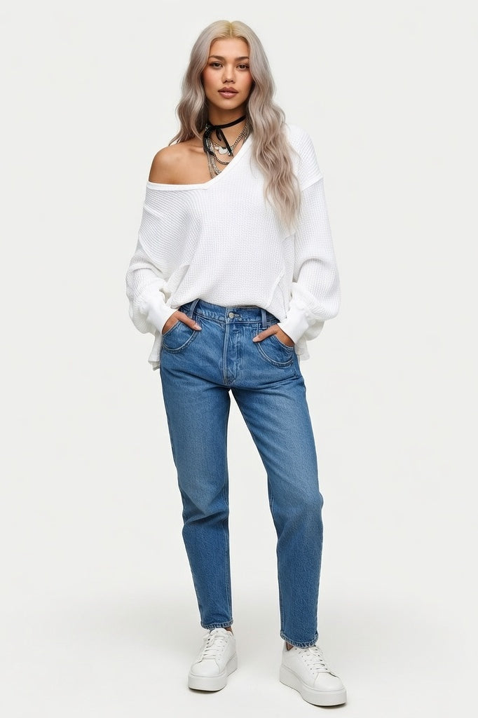 Waffle Knit Off-Shoulder Sweatshirt — Ivory