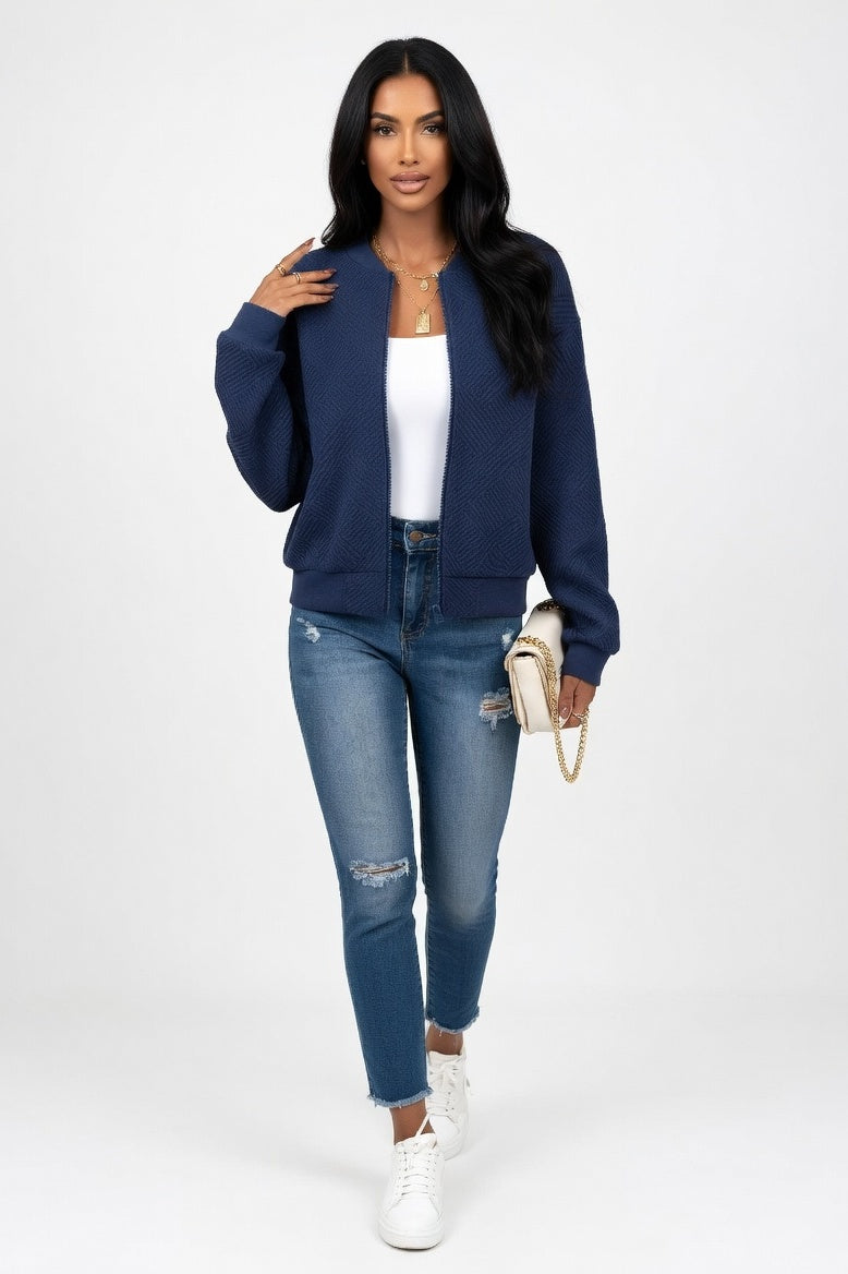 Plaid Zipper Jacket — Navy Blue