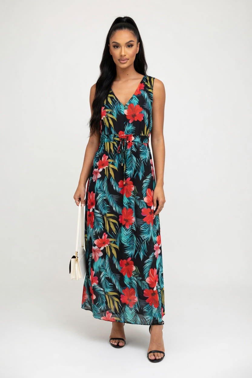 Backless Printed Strap Dress — Red Floral Print
