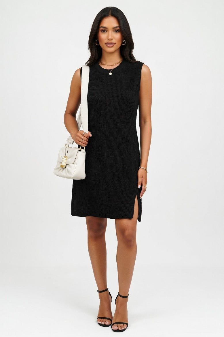 Knitted Round Neck Dress — Black