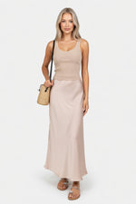 High-Waisted Satin Midi Skirt — front view