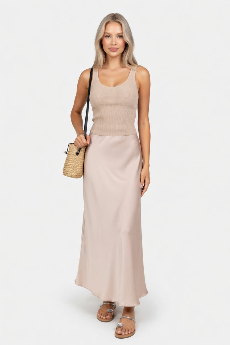 High-Waisted Satin Midi Skirt — front view