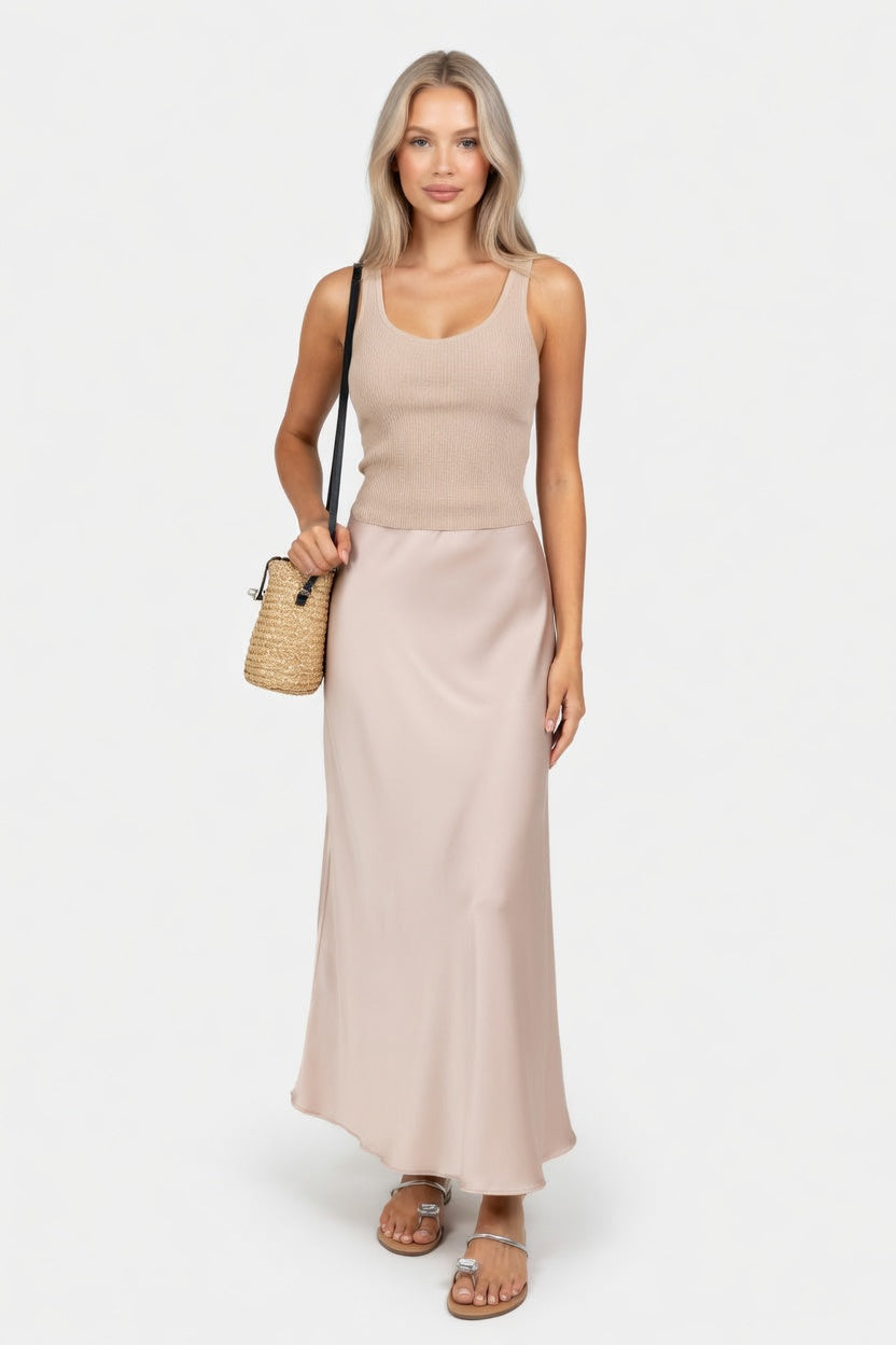 High-Waisted Satin Midi Skirt — front view