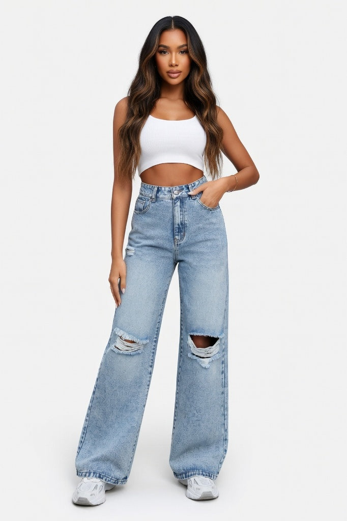 Wide Leg Ripped Jeans — Blue