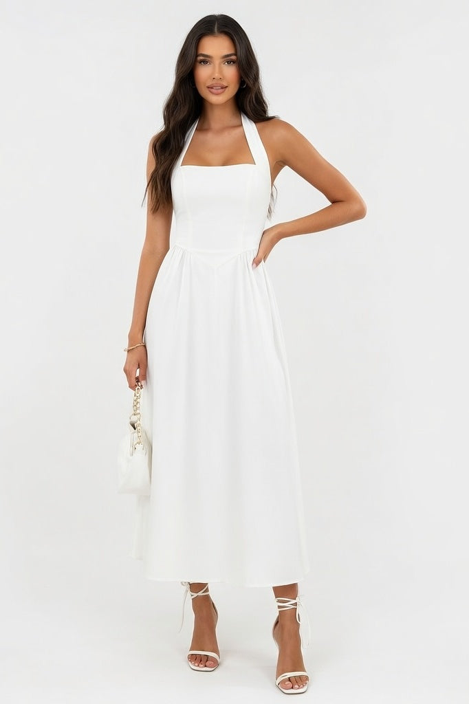 Square Neck Splice Dress — White