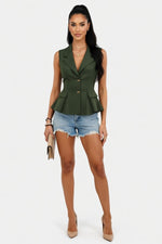 V-Neck Suit Vest with Bow Detail — Army Green