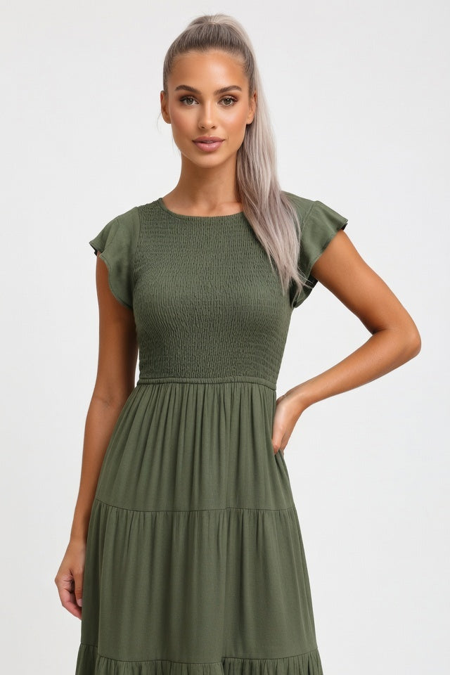 Tiered Mini Dress with Flutter Sleeves — Army Green
