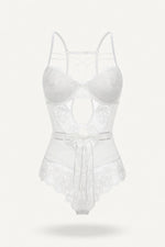 Lace Bodycon Jumpsuit with Bow Detail — White