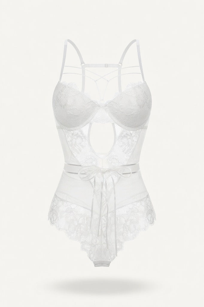 Lace Bodycon Jumpsuit with Bow Detail — White