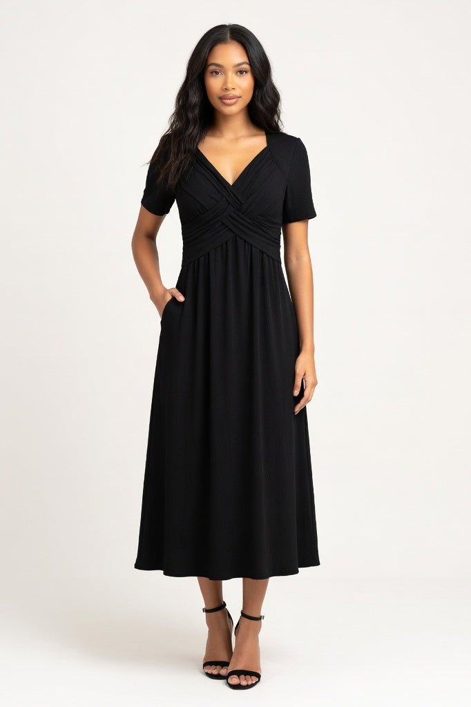 Draped Short Sleeve Dress — Black