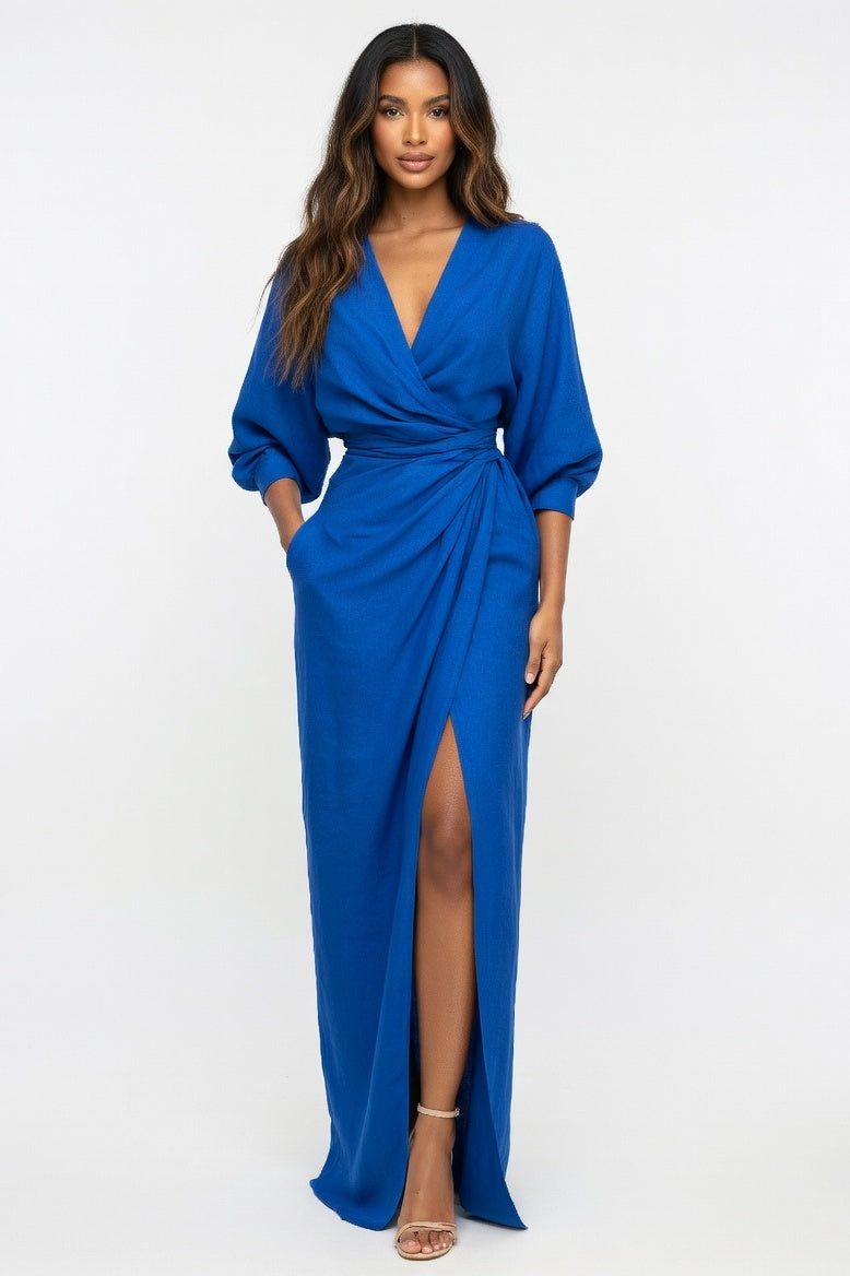 V-Neck Maxi Dress with Side Split — Dark Blue
