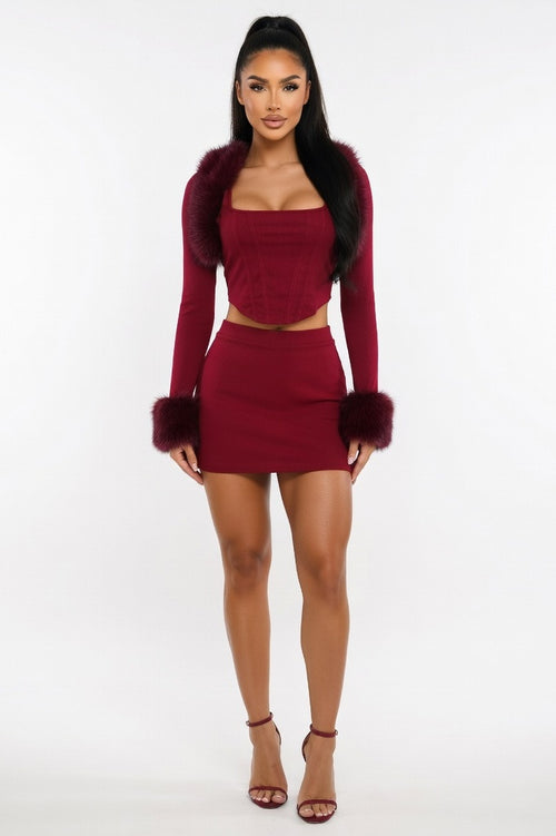 Fur Collar Co-Ord Set — Burgundy