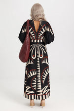 Printed V-Neck Dress with Lantern Sleeves — back view