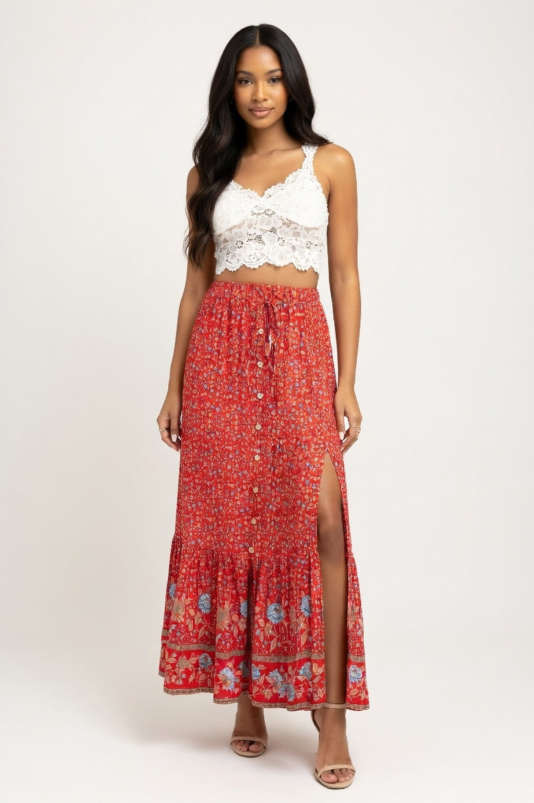 Cotton Front-Slit Maxi Skirt — Red