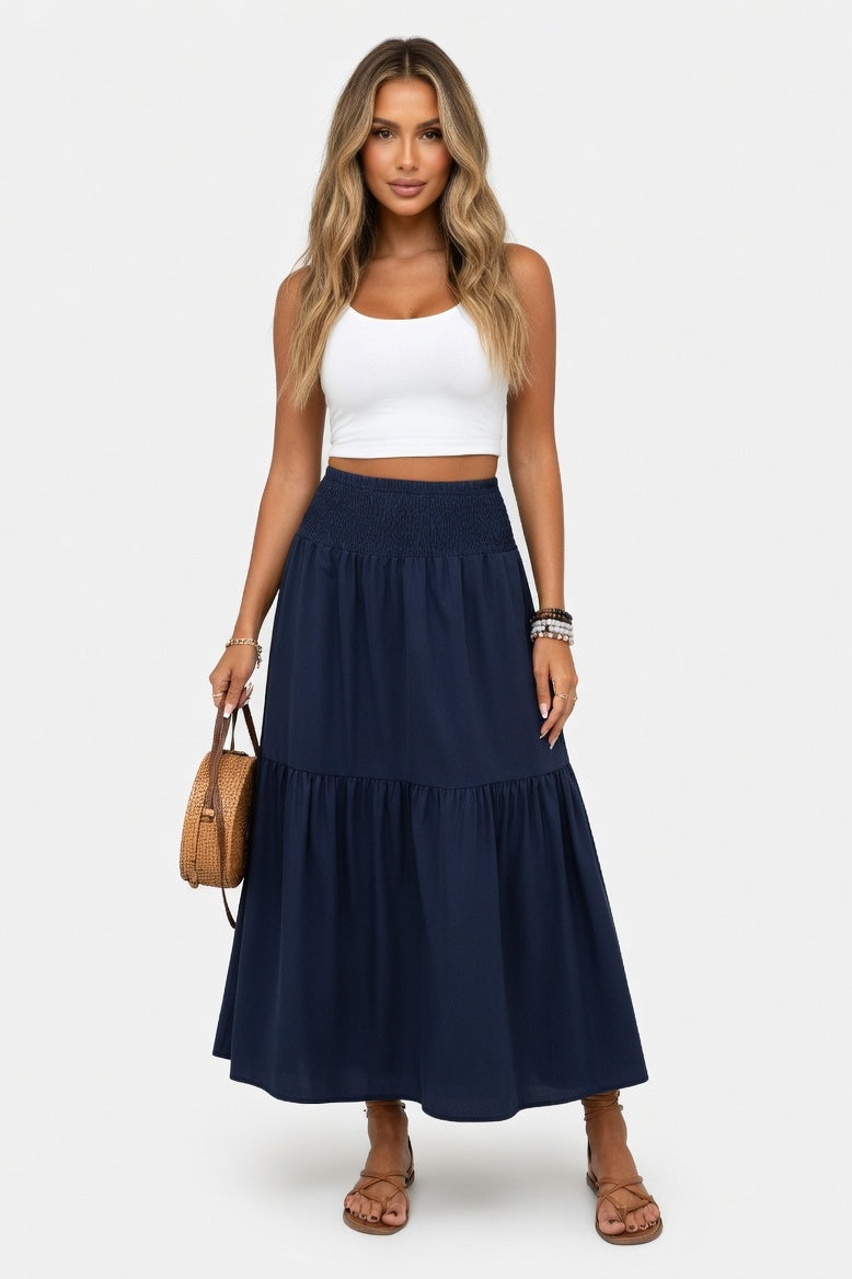 Floral A-Line Midi Skirt — Navy Blue
