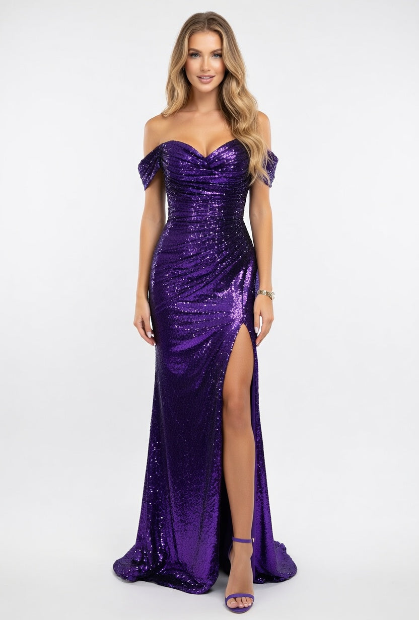 Sequined Off-Shoulder Mini Dress — Purple