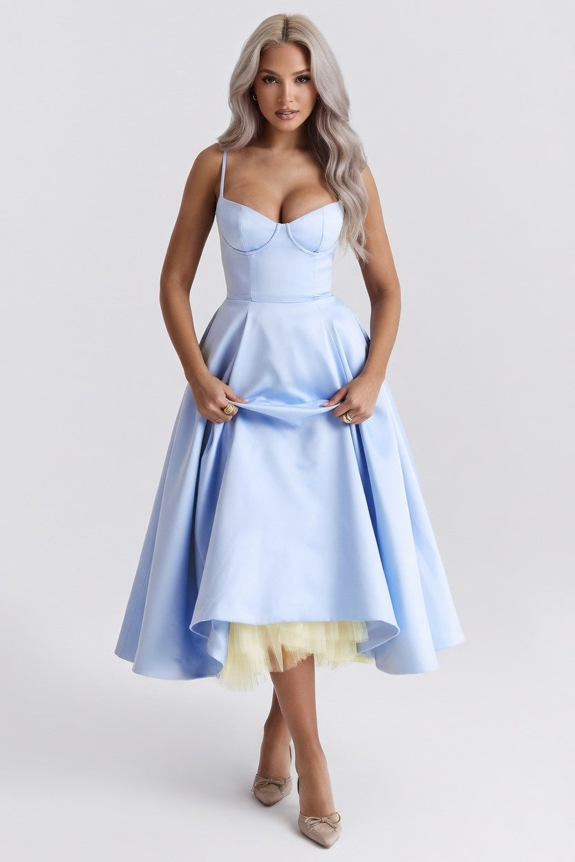 Mesh Double Layer Halter Dress — Light Blue