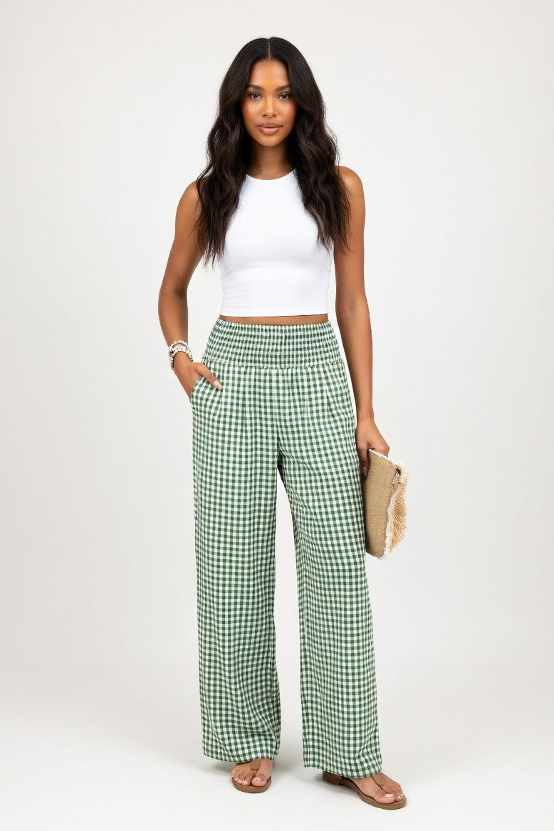 Check Print Wide Leg Trousers — Green Check