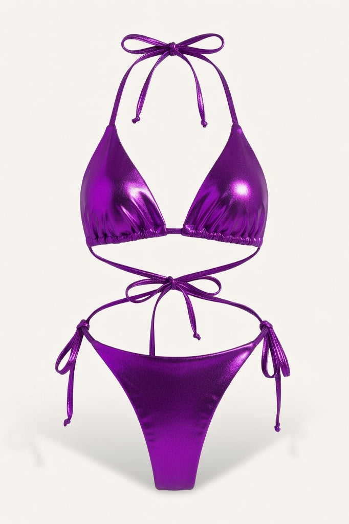 Lace-Up Bikini Set — Purple Gold Foil