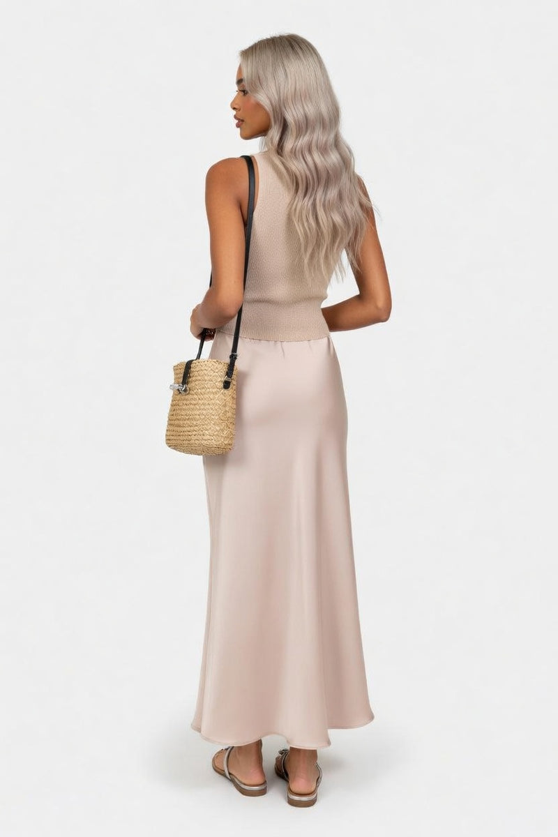 High-Waisted Satin Midi Skirt — back view