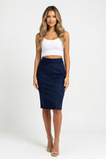 Suede Mini Skirt with Front Slit — Navy Blue