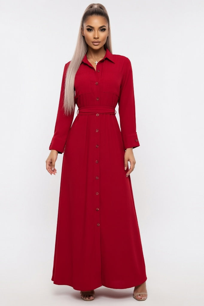 Button Through Chiffon Midi Dress — Red