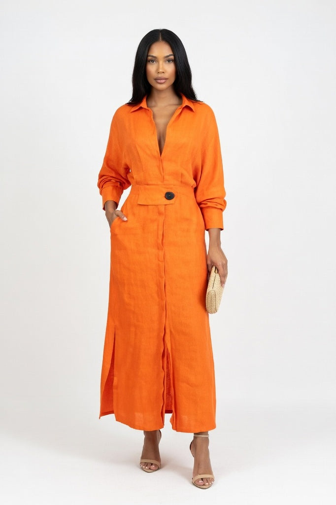 Belted Maxi Dress — Orange Red