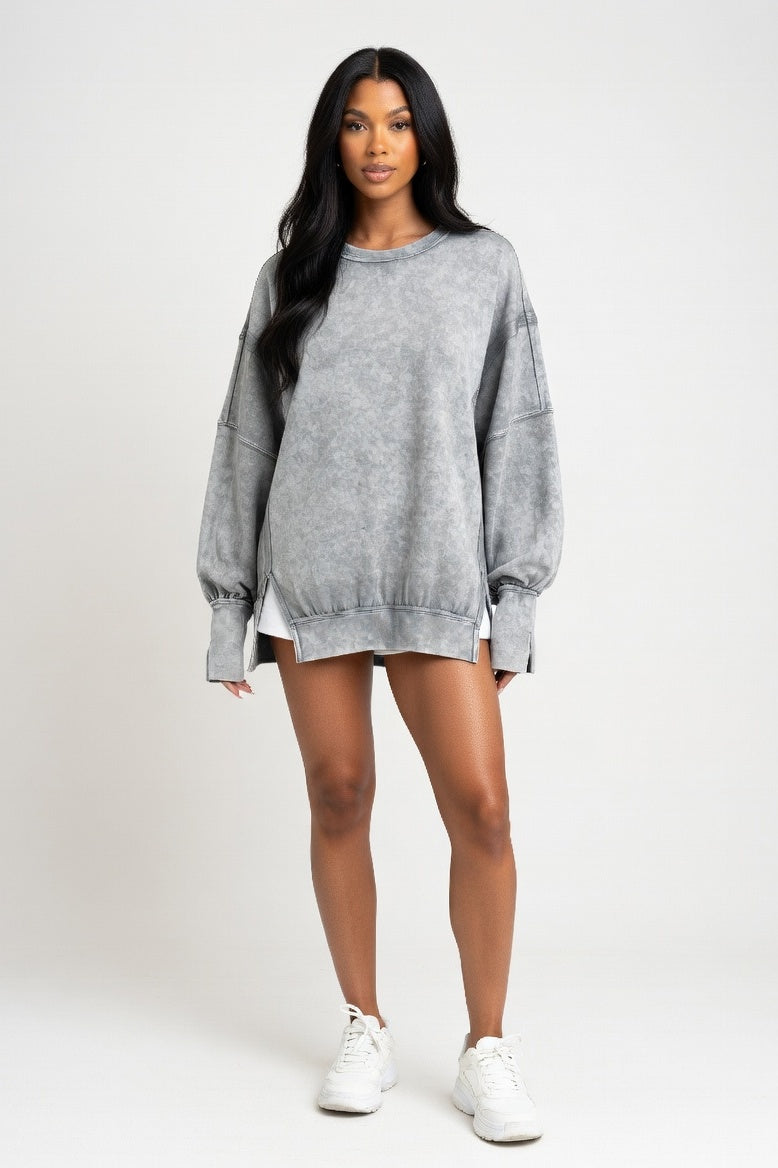 Washed Cotton Sweatshirt with Decorative Line Detail — White Wash Grey