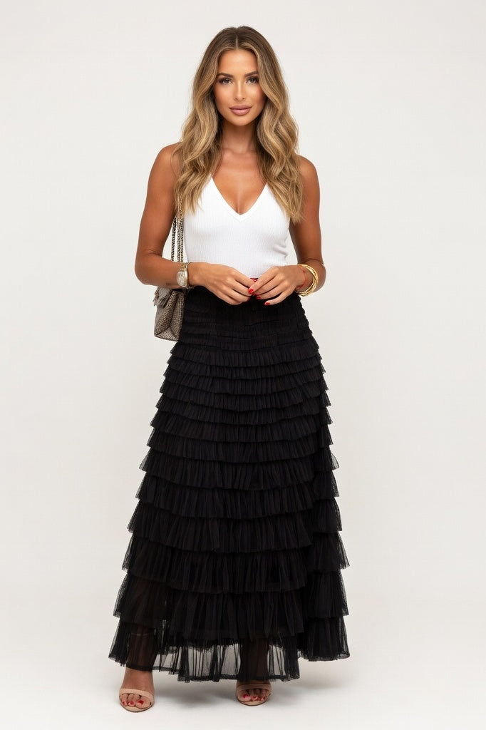 Mesh Tiered Mini Skirt — Black