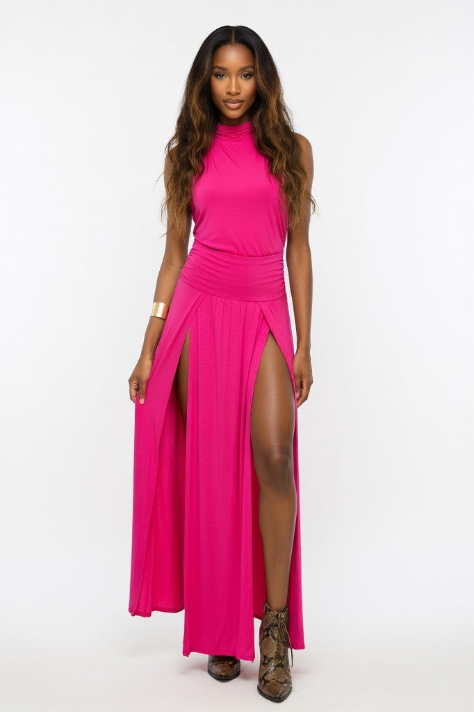 Front Split Maxi Skirt — Rose Red