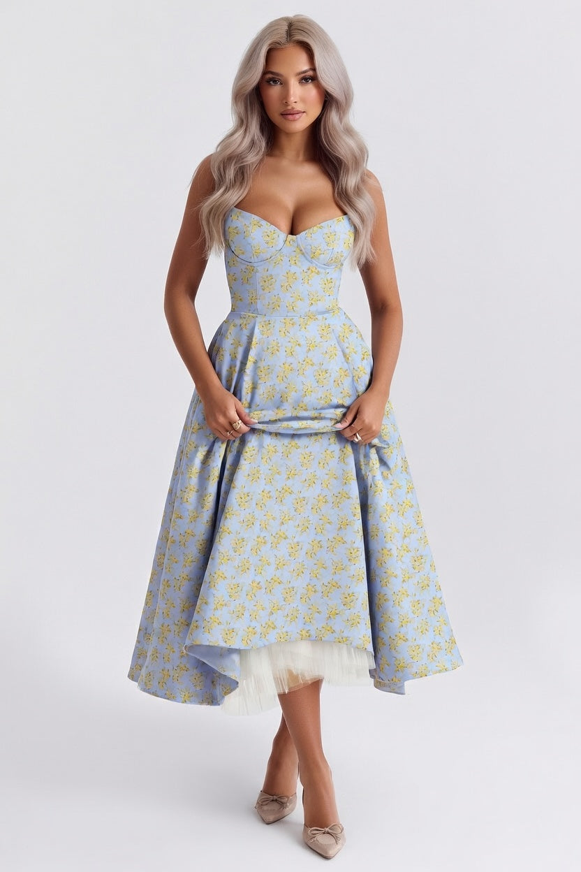 Layered Mesh Dress — Blue Yellow Floral