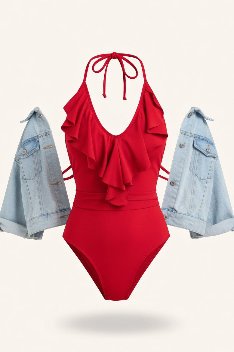 Ribbed One-Piece Swimsuit — Red