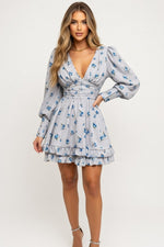 Printed Pleated V-Neck Dress — Grey