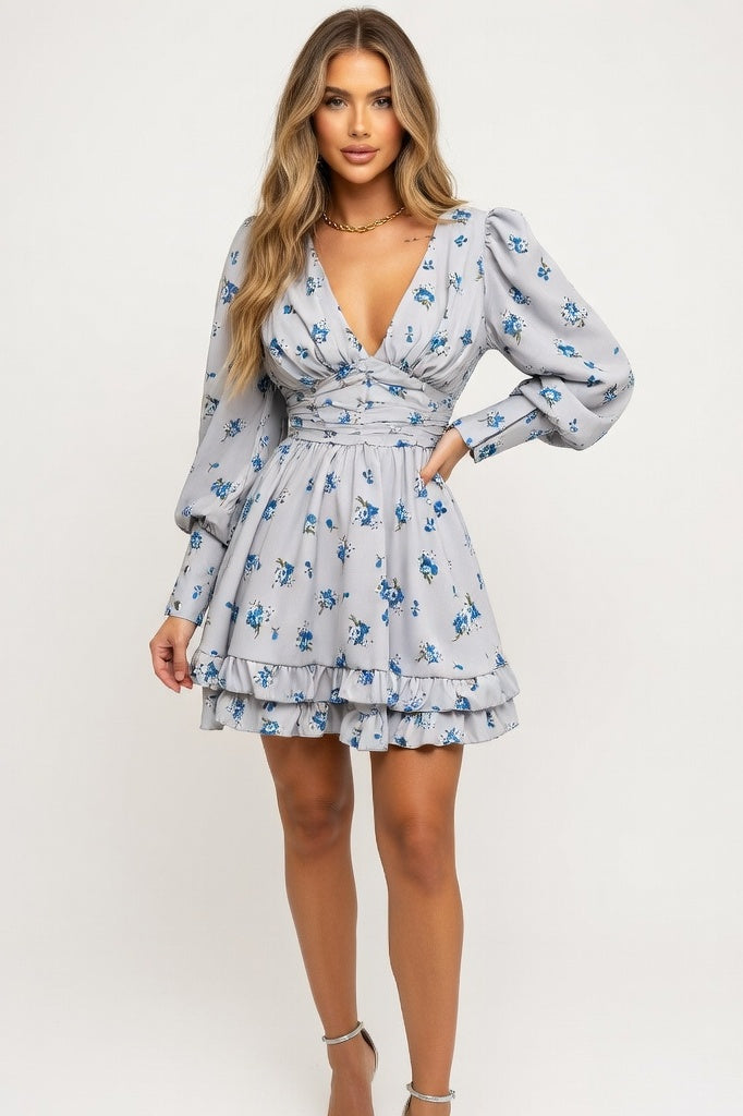 Printed Pleated V-Neck Dress — Grey