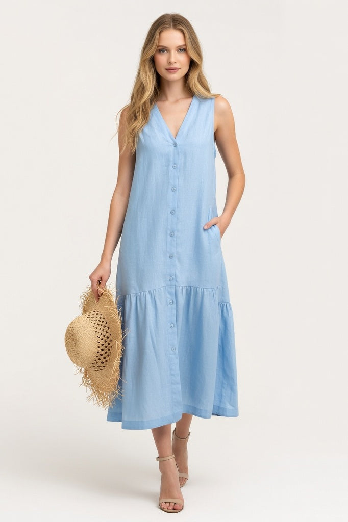 Cotton Slip Dress V-Neck — Light Blue