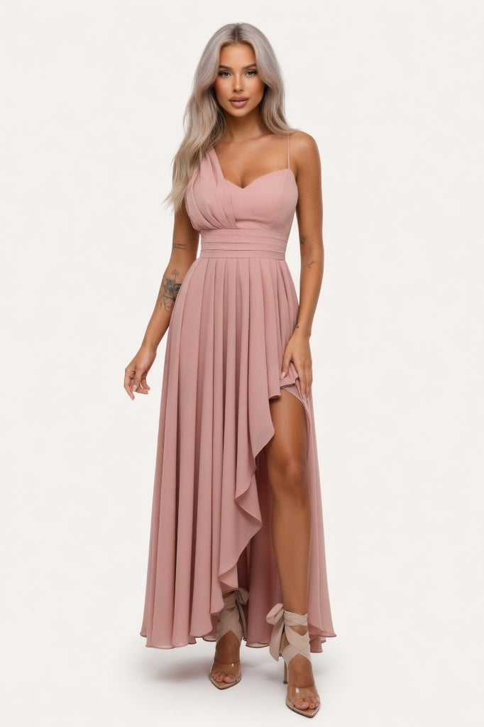 Off-Shoulder Asymmetric Dress — Pink