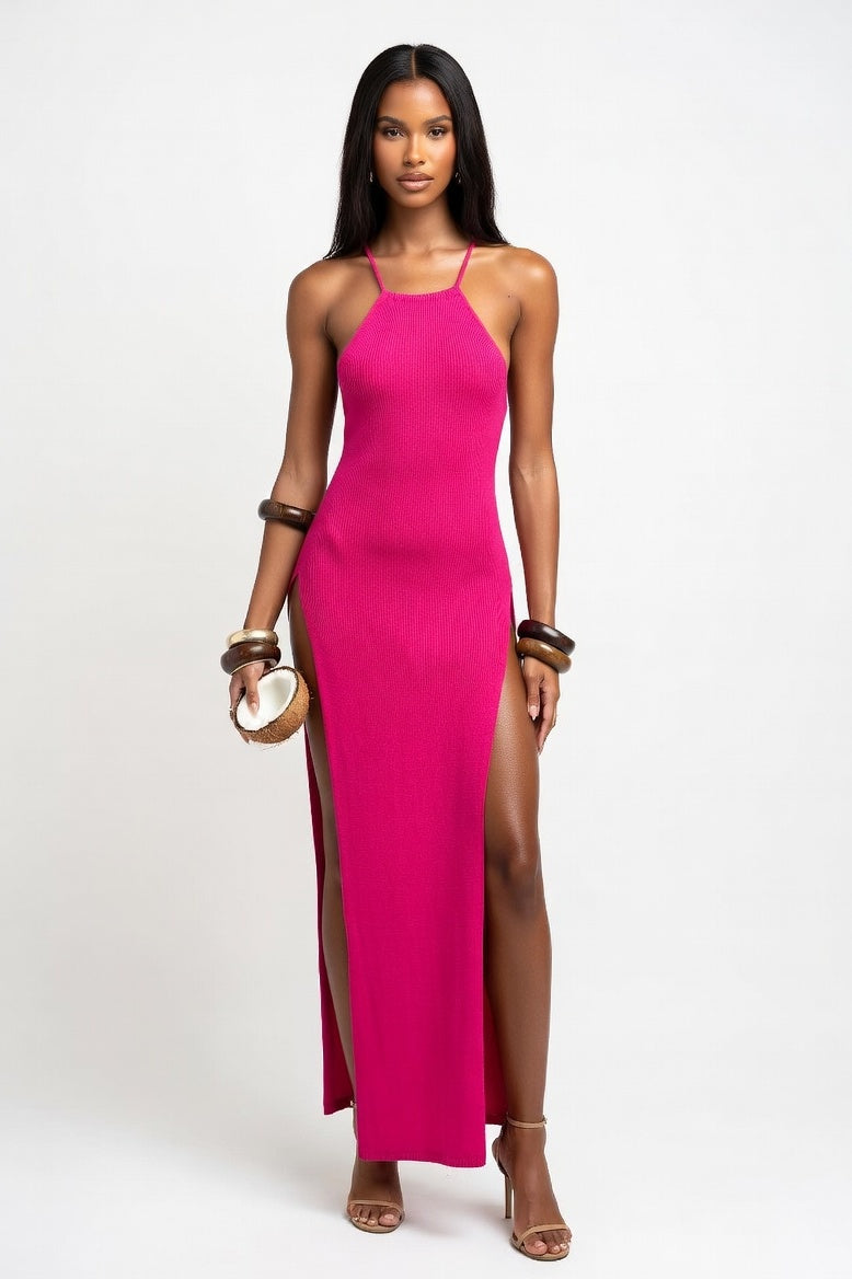 Knit Halter Dress with Side Slits — Rose Red