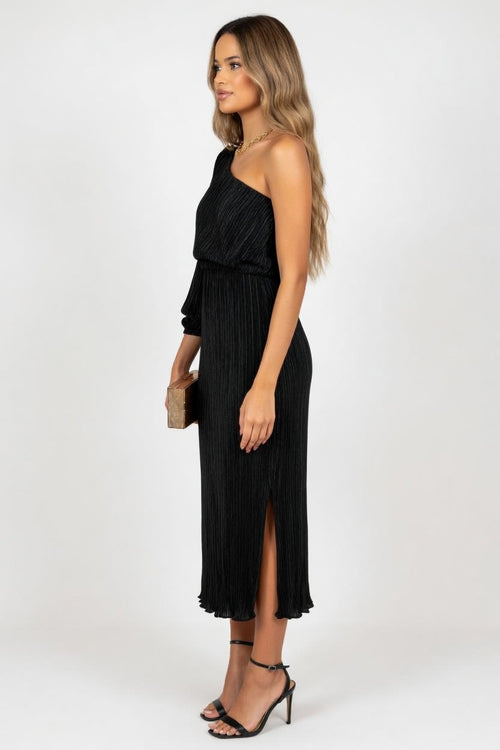Off-Shoulder Pleated Dress — side view