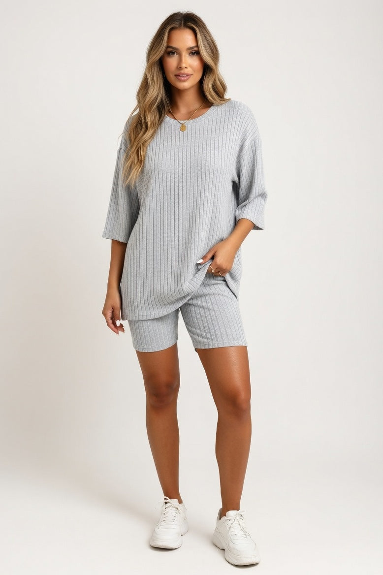 Round Neck Shorts Co-Ord Set — Grey