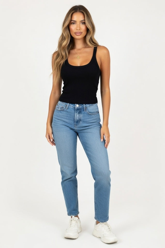 Cotton Blend Round Neck Vest — Black
