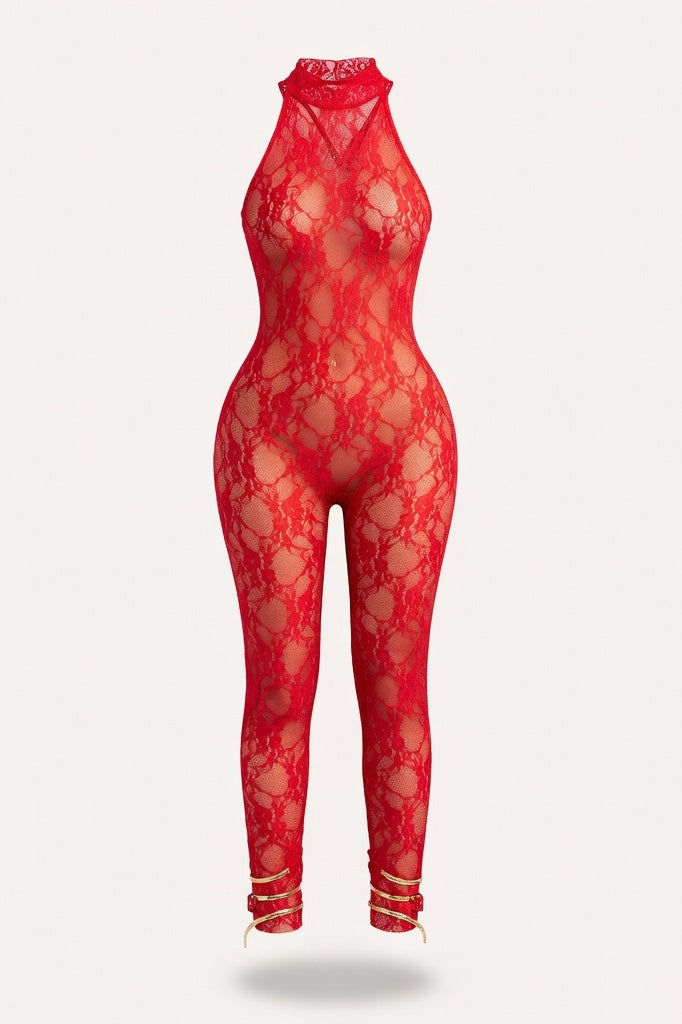 Halter Backless Bodycon Jumpsuit — Red