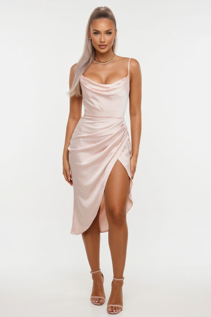 Satin Slip Dress with Side Slit — Light Pink