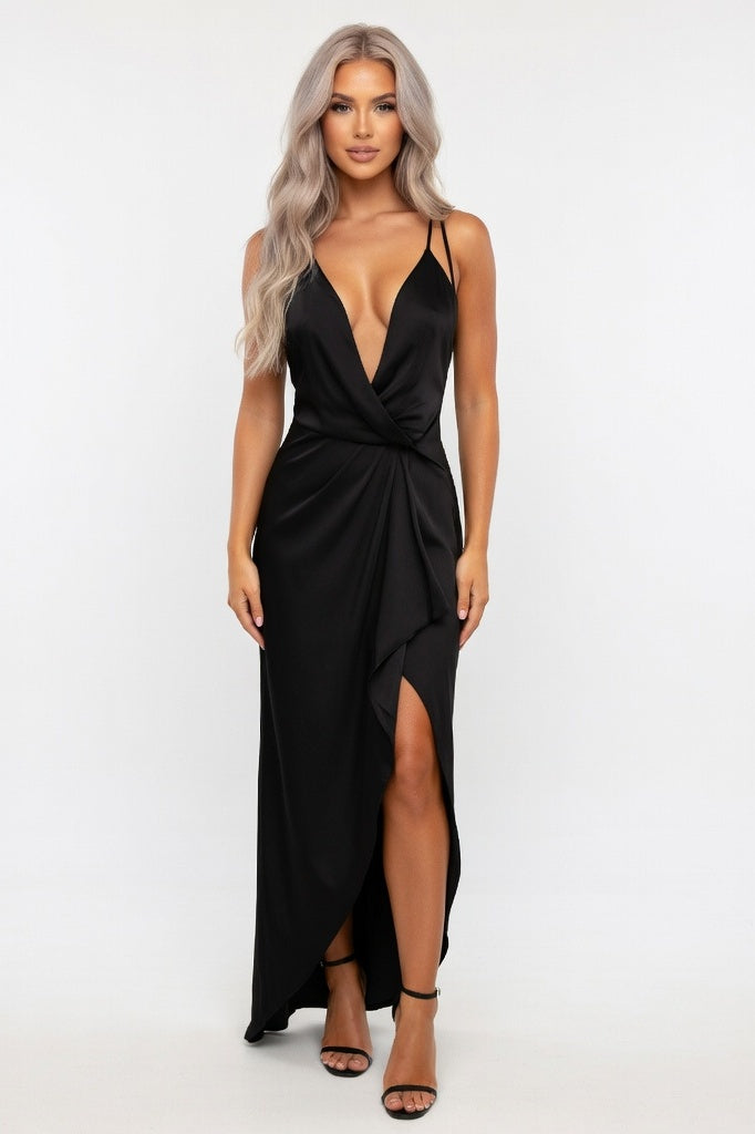 Satin Slip Dress — Black
