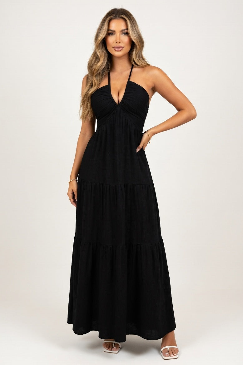 Deep V Halter Dress — Black