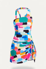 One Shoulder Print Swimsuit — Colour Block
