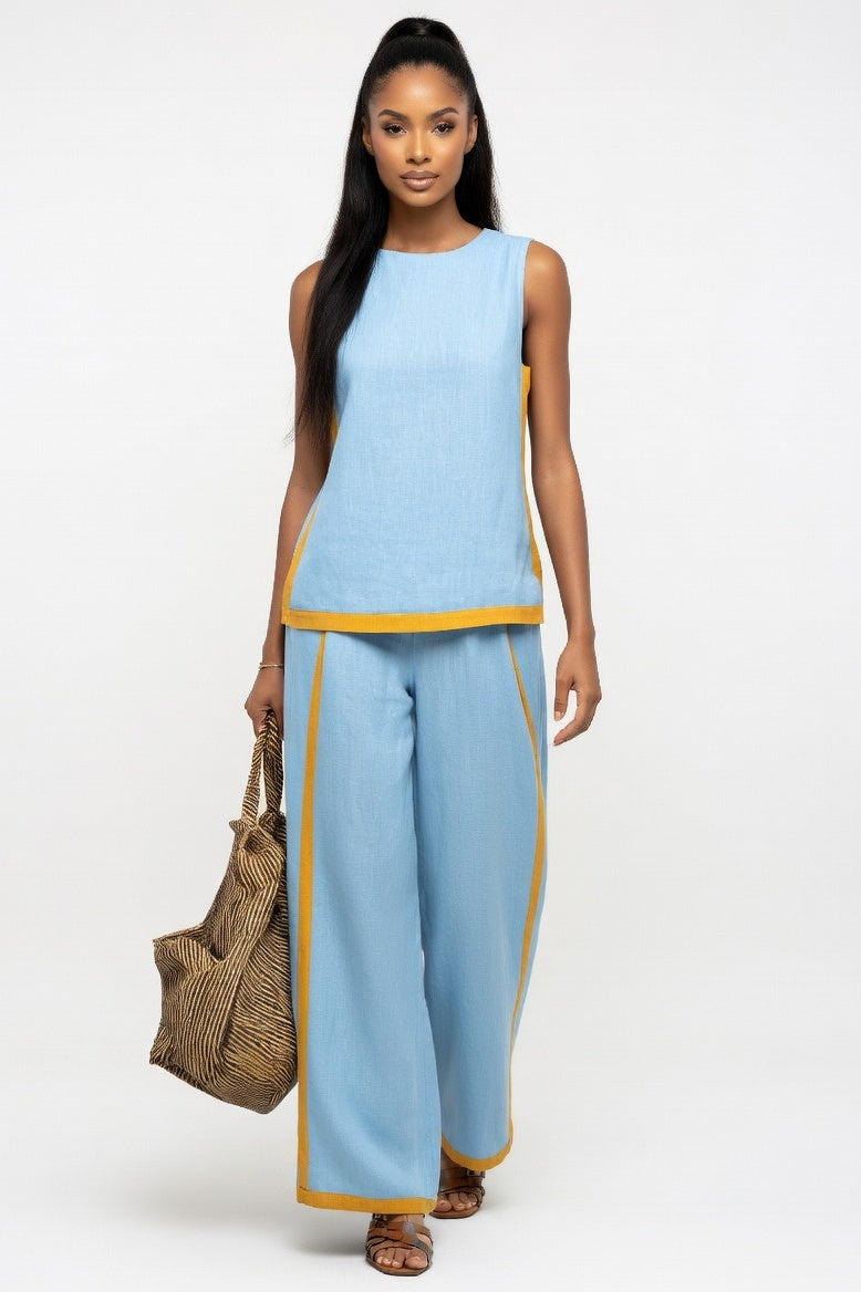 Contrast Wide Leg Co-Ord Set — Light Blue