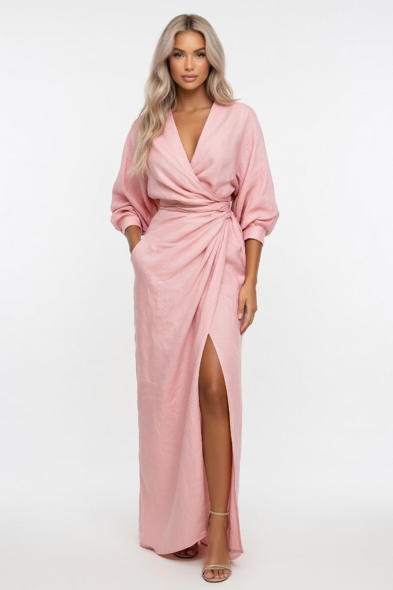 V-Neck Maxi Dress with Side Split — Pink